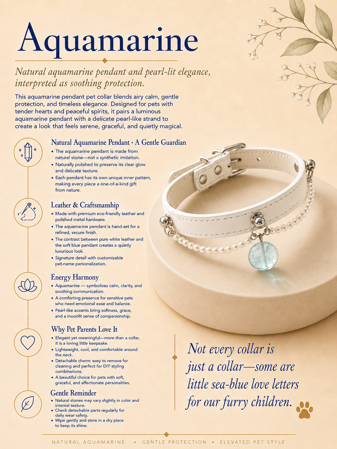 Aquamarine White Leather Pet Collar