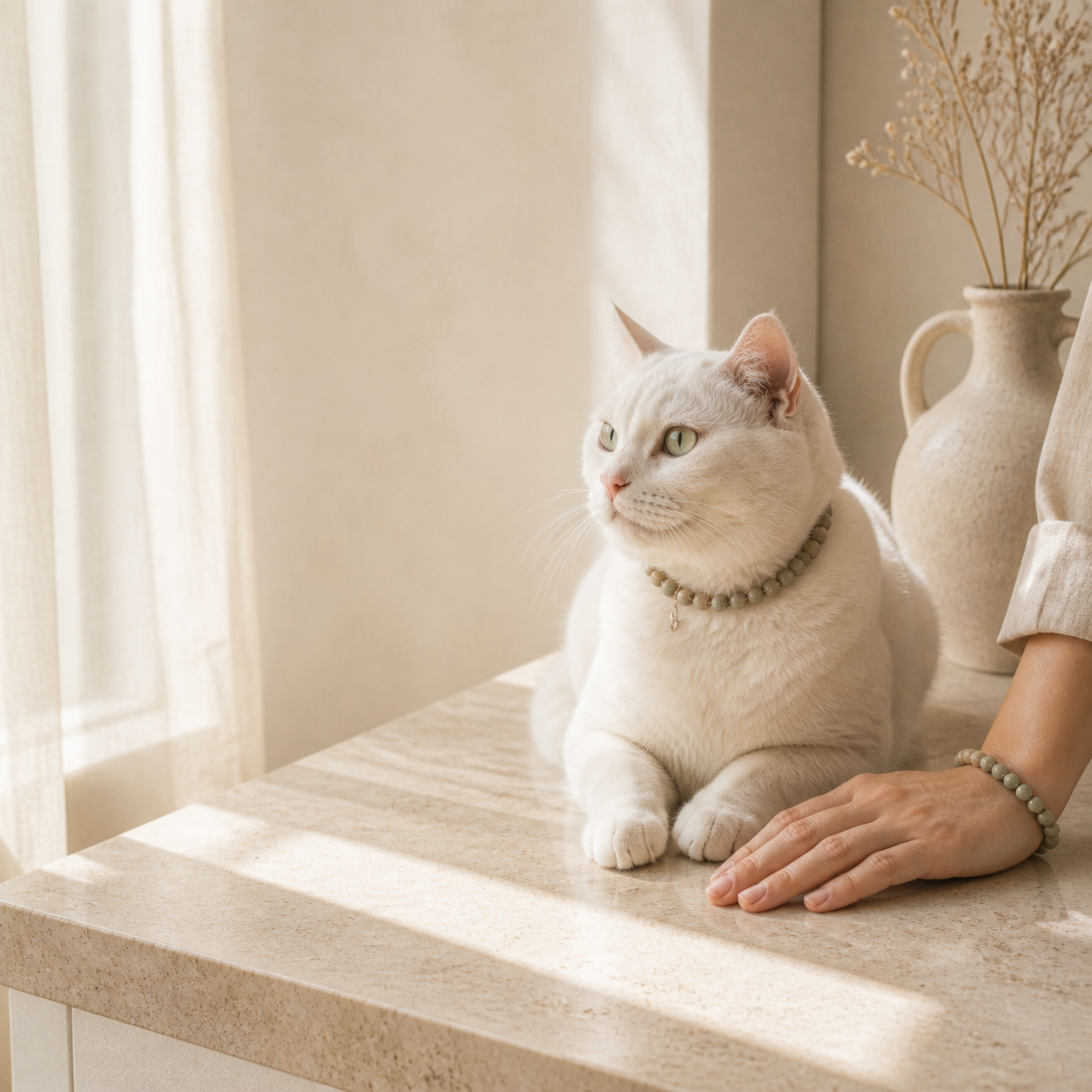 A cat wearing a decorative natural-stone collar with its owner nearby