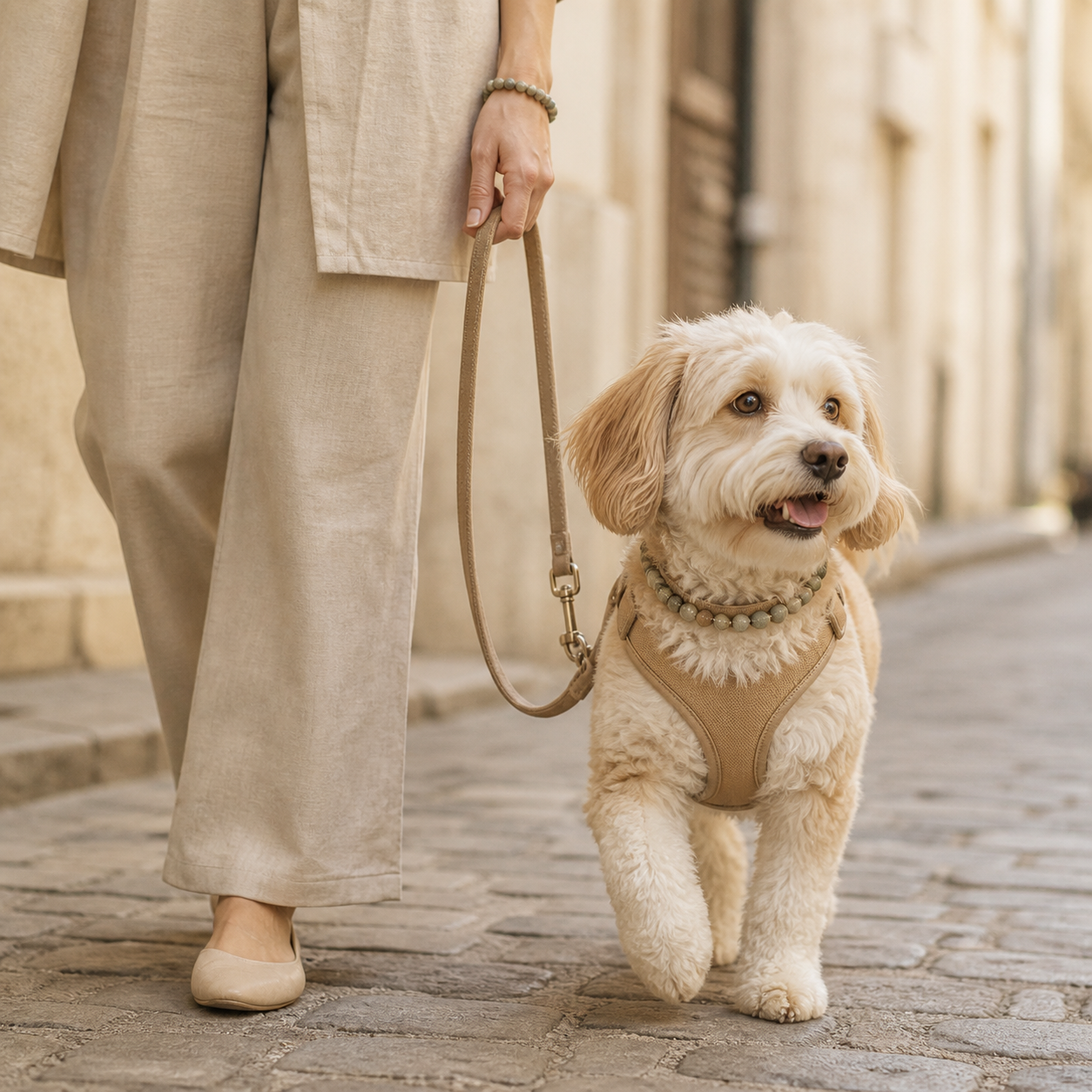 A dog styled with a decorative natural-stone collar and a separate walking harness