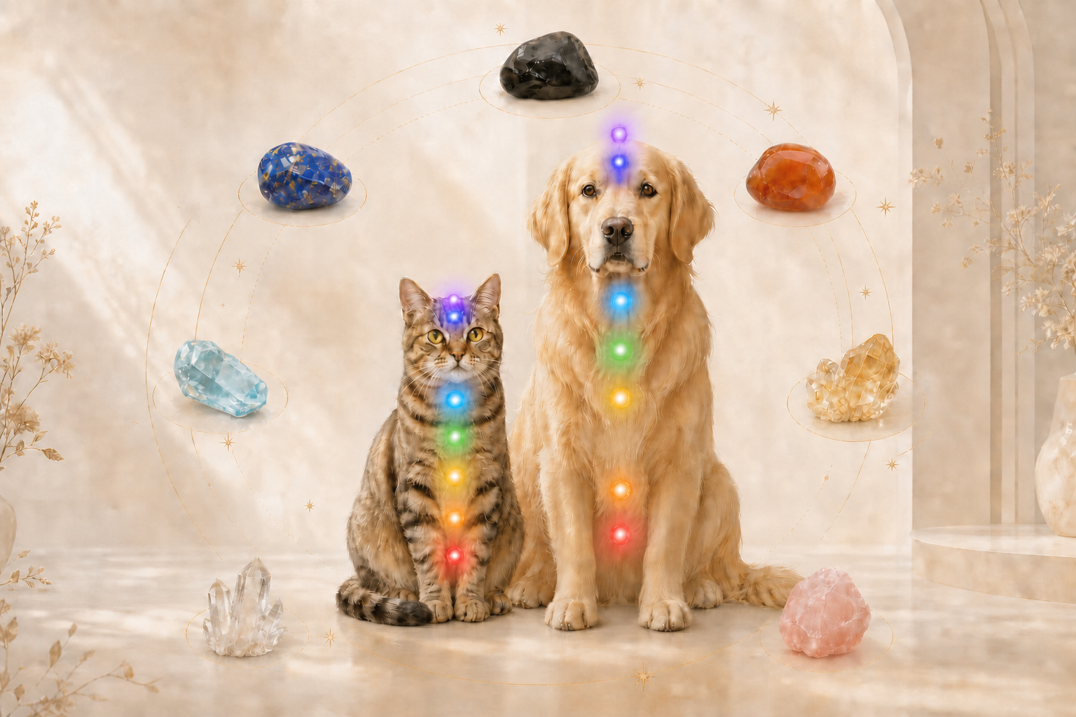 Golden Retriever and European shorthair cat with seven chakra colour lights and natural stones